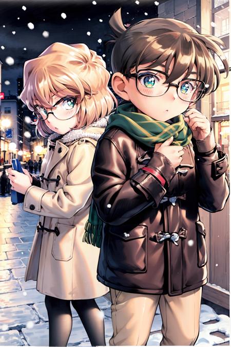 00256-470356607-masterpiece, best quality,outdoors,night,snow,light,1boy,1girl,, scarf, glasses, brown hair, yellow scarf, short hair, green eye.png